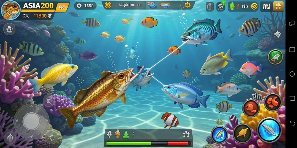 Tampilan gameplay seru dalam ASIA200 saat berburu ikan.