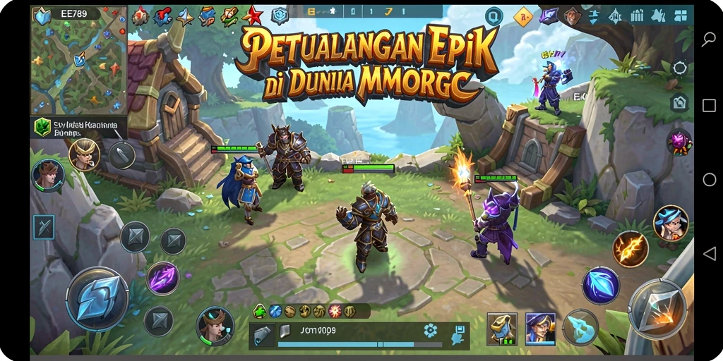 Screenshot utama EE789 menunjukkan pertarungan epik dalam dunia MMORPG.