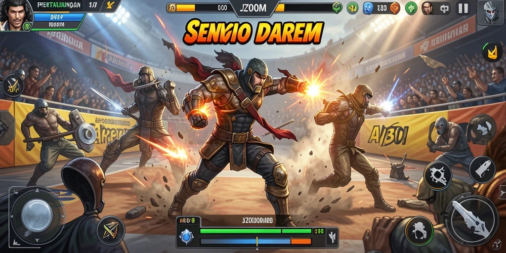 Tampilan screenshot J200M menampilkan pertarungan intens antara karakter.