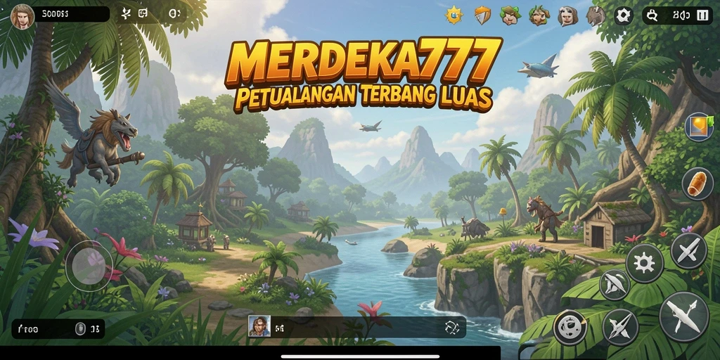 Screenshot menunjukkan pemain sedang menjelajahi dunia terbuka MERDEKA777.