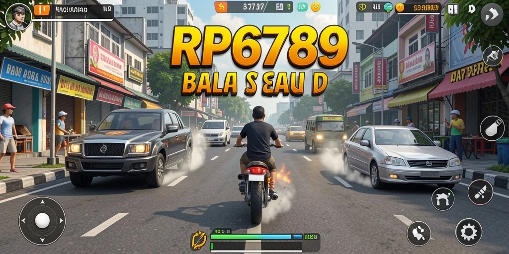 Screenshot RP6789 menunjukkan balapan mendebarkan dengan mobil cepat di jalanan.