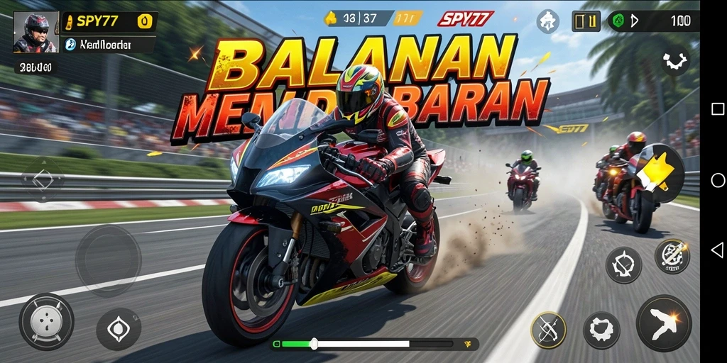 Screenshot gameplay SPY77 menampilkan aksi balapan motor yang mendebarkan.