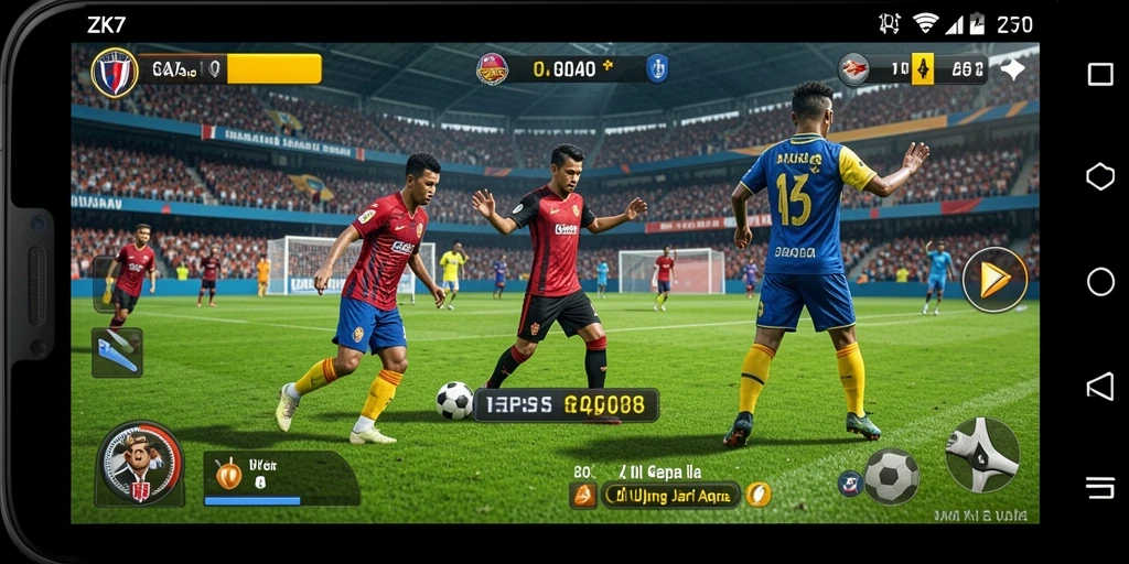 Tampilan gameplay ZK7 dengan aksi seru di lapangan sepak bola.